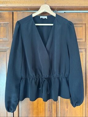 Loft Outlet Black V-Neck Drawstring Peplum Long-Sleeve Top- Womens M